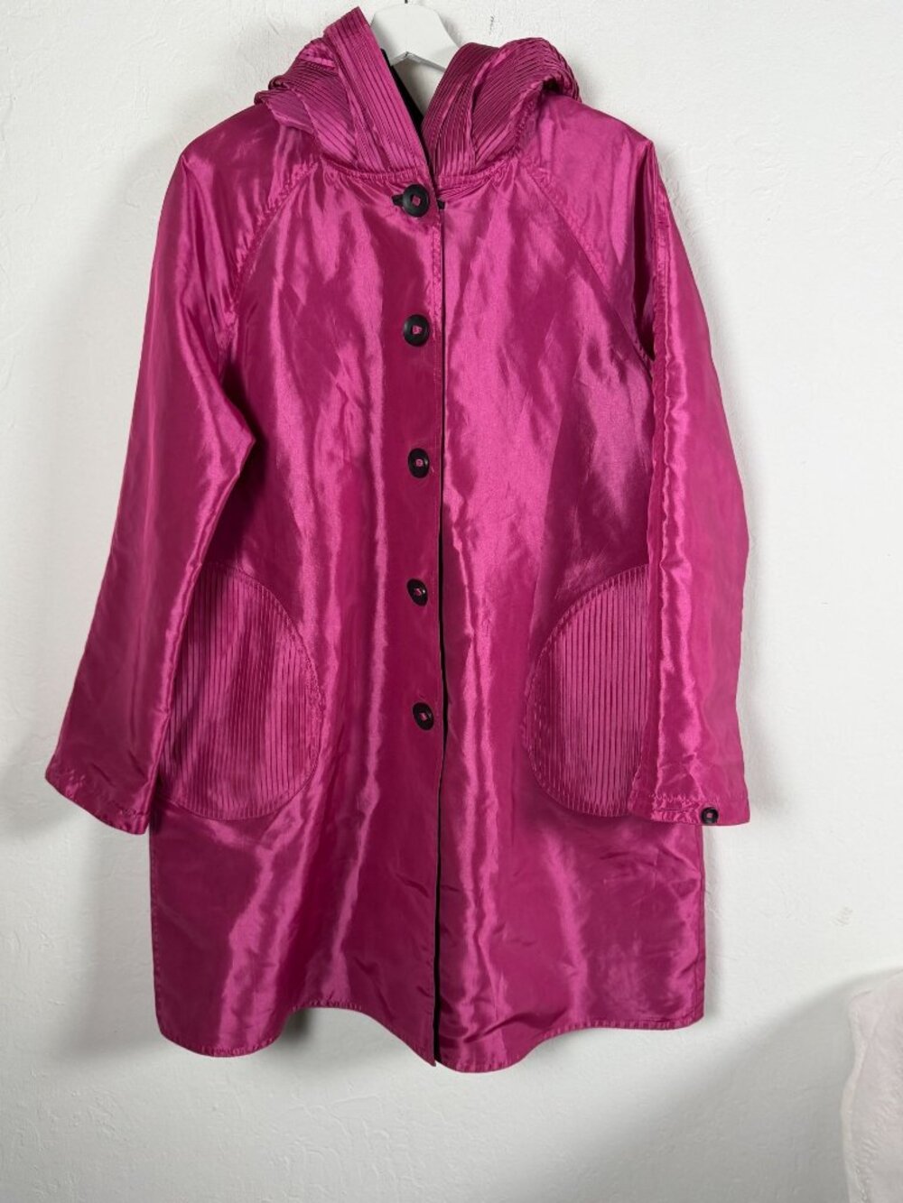 UBU Reversible Jacket Womens Small Pink Black Parisian Pleated Hood Coat Travel